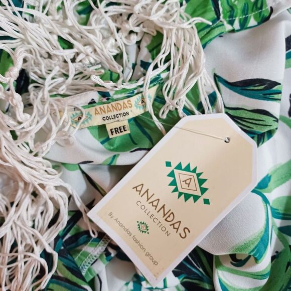 Anandas Collection Green Floral Kimono Cover Up Fringe Hem Free Size Resortwear - Picture 8 of 10